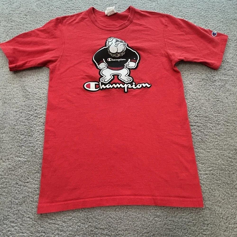 Champion Tshirt Men Small Red Bulldog Logo Mascot‎ Patch Sports